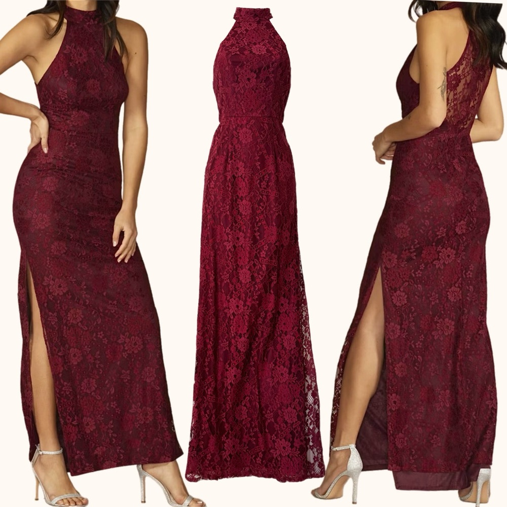 Wine red floral lace halter top long formal prom gown dress leg slit